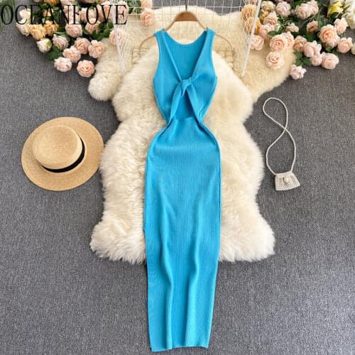 OCEANLOVE Long Dresses Solid Knitted Bodycon Stretch Summer Woman Dress High Waist Sleeve Less Sexy Vestidos De Mujer Vintage
