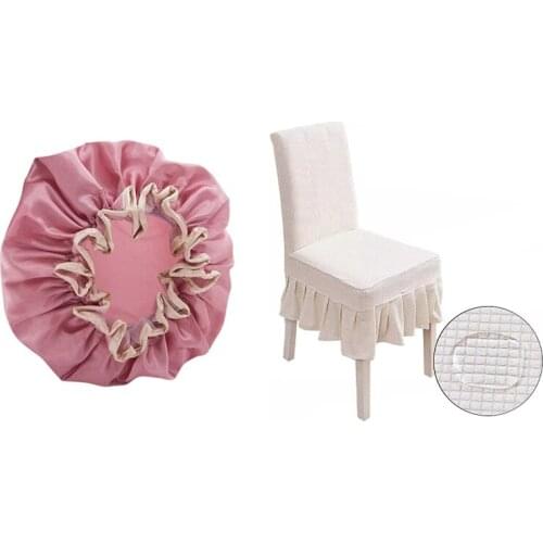 Double-Layer Shower Cap Womens Waterproof Hat with Waterproof Stretch Solid Color Skirt Dining Table Chair Cover