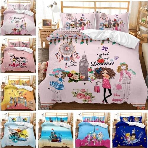 Modern Girl Bedding Set Cartoon Duvet Cover Set High Heels Bed Linens Shopping Girls Bedclothes Drop Shipping With Pillowcase