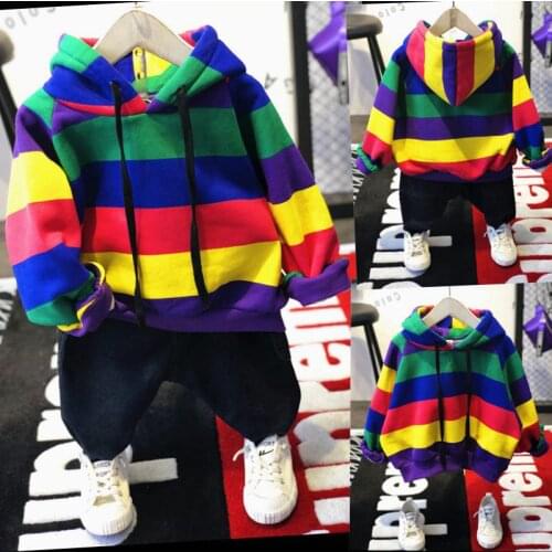 Hot Sale Brand Boys Clothing Children Winter Boys Clothes Rainbow Bar Kids Boy Clothing Set Thickened Hoodie, Thickened Jeans