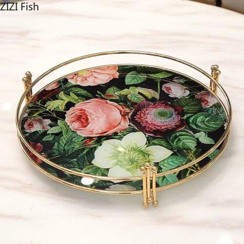 European Painted Flower Leaf Pattern Tray Electroplated Metal Round Storage Tray Fruit Cup Sundries Storage Tray Home Decoration