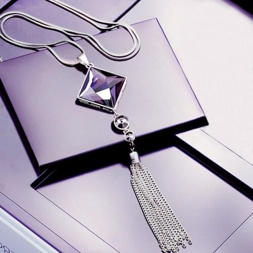 Fashion Women Lady Rhinestone Crystal Square Pendant Long Chain Tassel Sweater Necklace Party Drop Necklace Jewelry