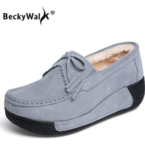 Genuine Leather Women Shoes Winter Plush Boat Shoes Woman Keep Warm Female Loafers Platform Moccasins Mother Cotton Shoe WSH3353