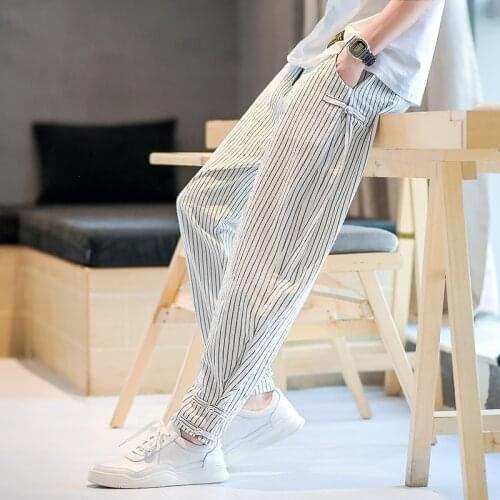 Mens Casual Harem Pants Loose Striped Long Trousers Plus Size Cotton Linen K10