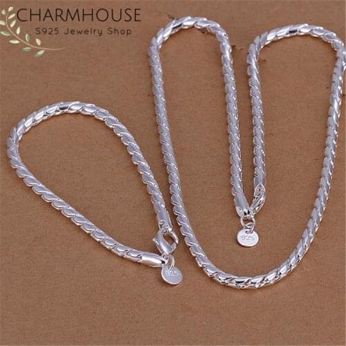 Charmhouse Silver 925 Jewelry Sets For Men 4mm Twisted Chain Necklace Bracelet Collier Pulseira 2Pcs Costume Jewelery Set Bijoux