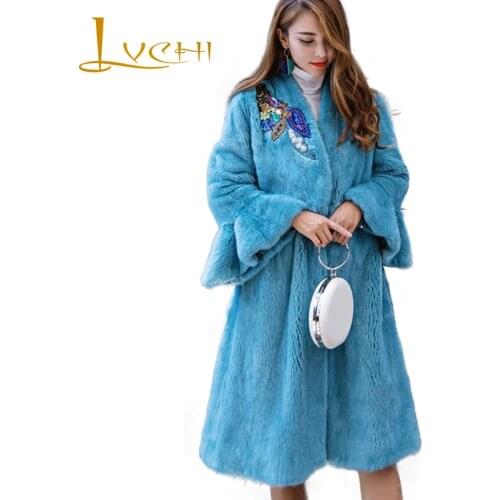 LVCHI Winter 2019 Causal Three Quarter Real Natural Mink Fur Coat Womens V-Neck Butterfly Sleeve Coat Diamonds XLong Mink Coats