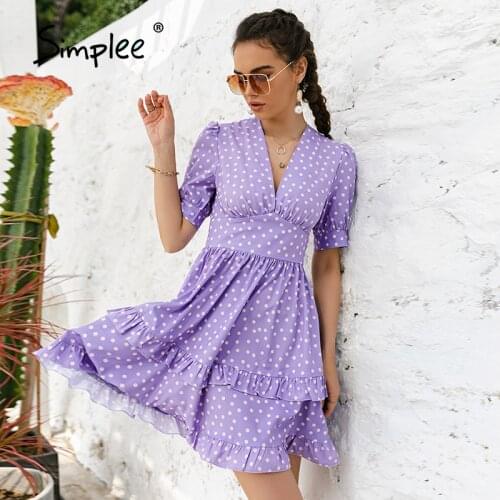 Simplee Purple v-neck polka-dot women Short Dress 2021 Casual Puff sleeve A-line High Waist Sundress Sexy Summer Outfit Vestidos