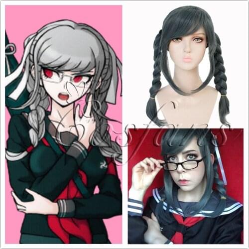 Danganronpa Dangan-ronpa Peko Pekoyama Double Braided Dark Grey Synthetic Cosplay Wig for Halloween Costume Party Wig + wig cap