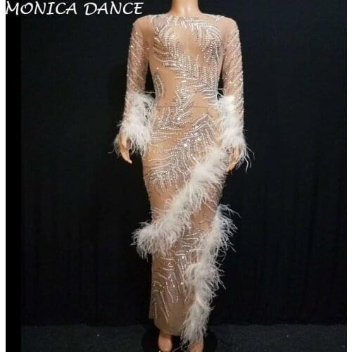 Sexy Stage Rhinestones pearls Mesh Dress Birthday Celebrate Dress Feather See Through Outfit Singer Prom Party Long Dresses