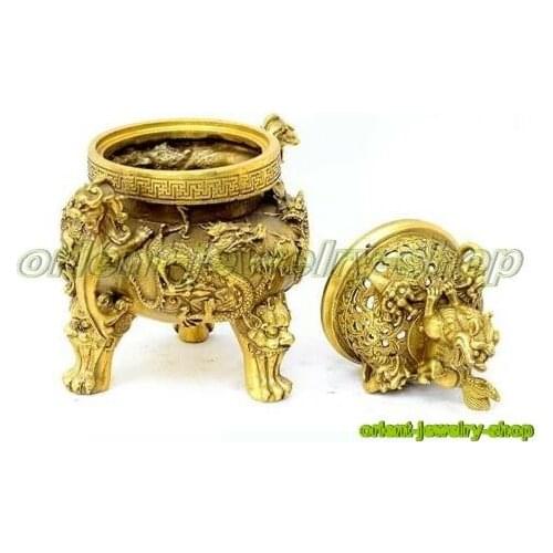 Ancient Bronze Gilt Dragon Foo Dog Lion Beast Statue Incense Burner Censer