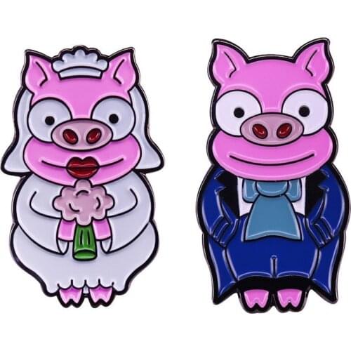 Bride And Groom Piggy Pig Gift Cute Cartoon Metal Enamel Lapel Clothes Coats Backpack Bag Badge Brooch Pin Accessories