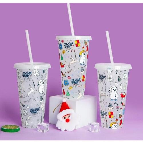 PP Thermochromic Christmas Mug Reusable Straw Cup Coffee Juice Straw Mug Simple Outdoor Portable Plastic Cup for Kids & Adults