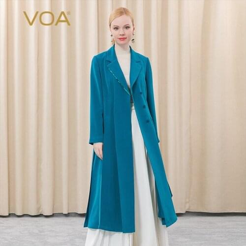 VOA Silk Turquoise Blue Double Lapel Dark Buckle with Lotus Leaf Stitching on Both Sides Ladies Long Sleeve Windbreaker FE77