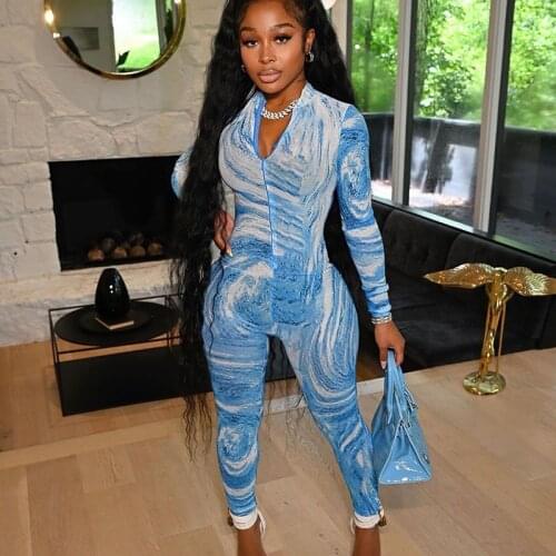 Sexy Front Zipper Bodycon Jumpsuit Women Fall 2021 Print Long Sleeve One Piece Outfits Elastic Casual Rompers Womens Overalls