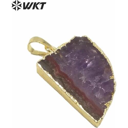 WT-P1544 New unique horn a methyst pendant fashion natural raw purple stone horn pendant with gold trim women stone pendant