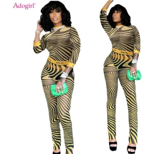 Adogirl Stripe Sheer Mesh Suit Women Sexy Letter Print See Through Two Piece Set 3/4 Sleeve Shirt Crop Top Pencil Pants Clubwear