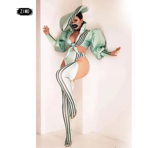 2020 Women Gogo Dance Costume Nightclub Bar Female Dj Bright green Hat top pants foot cover Suit jazz Dance Clothing Stage Wear