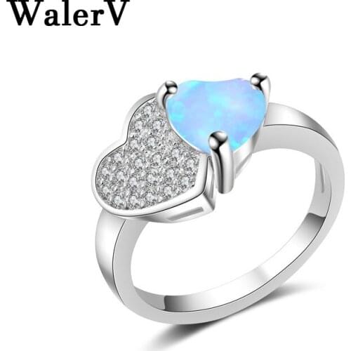 WalerV Ring Fashion Charm for Womens Lady Rings Set Heart Shape White Blue Fire Opal Rings Wedding Jewelry Finger
