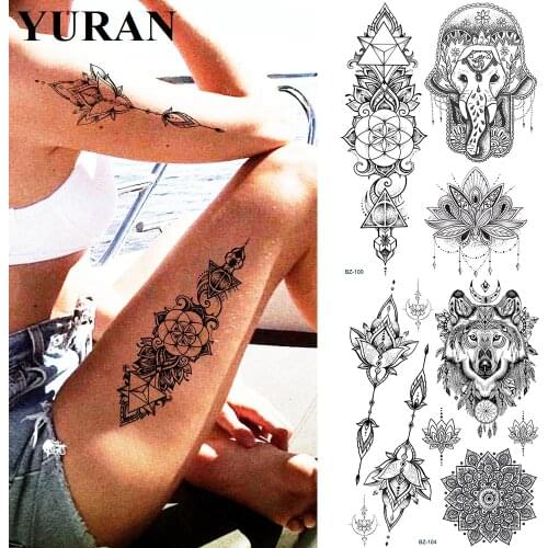 YURAN Bracelet Armband Black India Genasha Lotus Fake Tattoos Temporary Women Leg Arm Tattoo Sticker Waterproof Body Tatto Decal