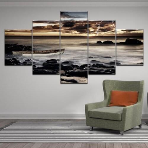 5 Piece Canvas Dark Clouds Lightning storm Sea ocean reef ferry Print paintings Wall Art Pictures Living Room Home Decor Posters