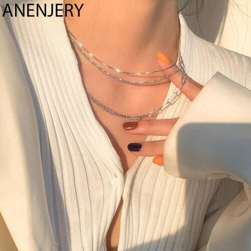 ANENJERY 925 Sterling Silver Sparkling Necklaces for Women High-quality Niche Light Luxury Clavicle Chain Necklaces Wholesale