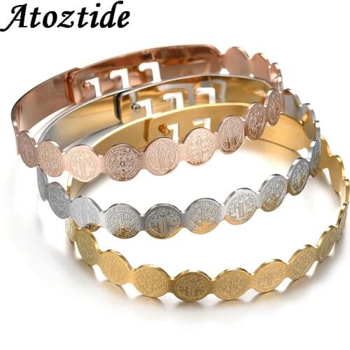 Atoztide Charm Stainless Steel Wave Medal Saint Benedict Bracelets For Women Men Religious Adjustable Gold Jesus Amulet Bangle