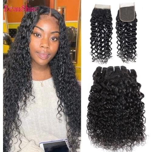 Beaushine Brazilian Water Wave Hair Bundles With Closure 100% Human Hair 3 Bundles Lace closure With Bundles