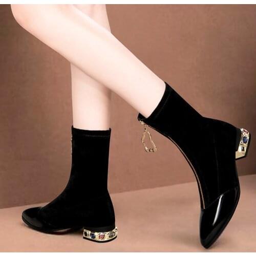 Big Size 35-42 Woman Low Heels Ankle Boots Flock Colorful Rhinestone Heeled Boots Black Ladies Dress Shoes