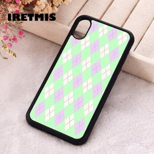Iretmis 5 5S SE Phone Cover Case for iPhone 6 6S 7 8 Plus X Xs XR 11 12 Mini Pro Max Rubber Silicone Green & Pink Diamond Plaid