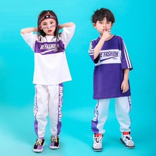 Purple Girls Boys Ballroom Jazz Dance Clothes for Kids Hip Hop Dancing Costumes Oversized T Shirt Tops Jogger Pants Dancewear