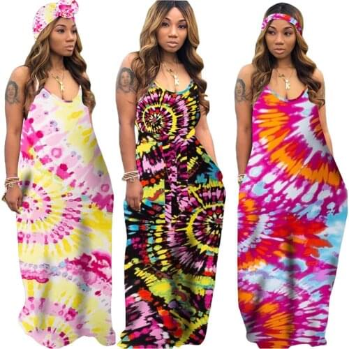 Summer Clothes for Women Tie-dye Colorful Print Sling Wide Loose Belt Dress Fashion Round Collar Dresses Wholesale Dropshipping