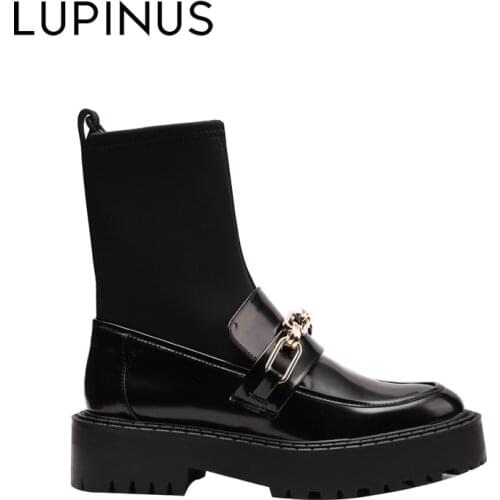 LUPINUS Fashion Black Knitting Socks Boots Thick Flat Bottom Short Boots Tube Metal Buckles Winter Shoes Woman