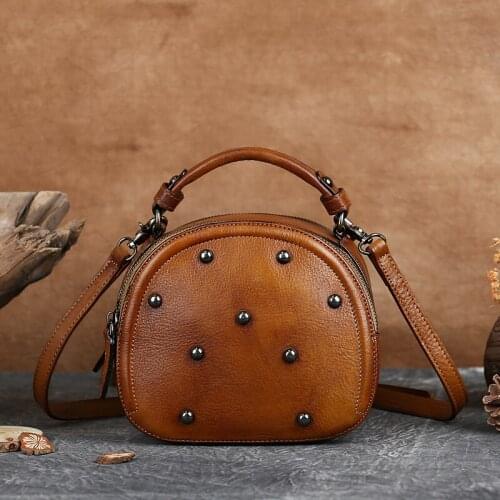 Womens Small Round Bag Trend Retro Style Leather Female Bag Shoulder Bag Head Layer Cowhide New Personality Handmade Handbag