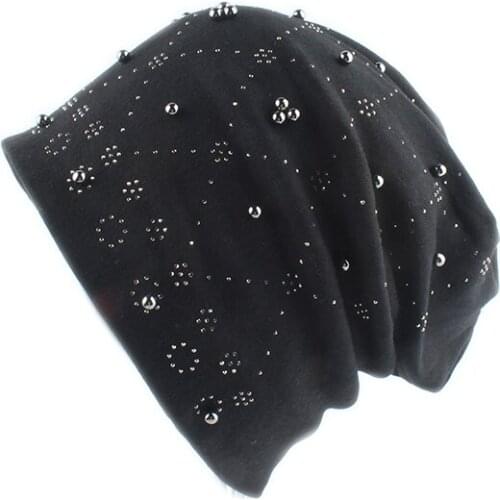2019 Fashion Solid Color Women Skullies Beanies Pearl Rhinestone Winter Hat Female Ladies Autumn Slouchy Beanie Soft Cotton Hat