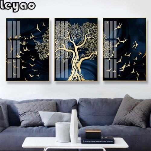 3 Pieces Abstract Gold Tree Birds Full Square/Round Drill 5D Diamond Painting Triptych Embroidery Cross Stitch Home Decoration
