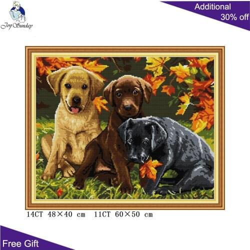 Joy Sunday Three Dogs DA441 14CT 11CT Counted and Stamped Three Puppies Animal Home Decor Needlework Cross Stitch kits