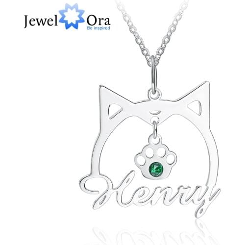 925 Sterling Silver Personalized Cute Cat Shape Name Necklace Customized Nameplate Paw Pendan with Birthstone Women Jewelry