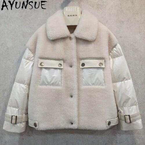 AYUNSUE Winter 100% Real Sheep Shearling Fur Coat Women 2021 Short Wool Coat Female White Goose Down Jacket manteau Femme Gxy220