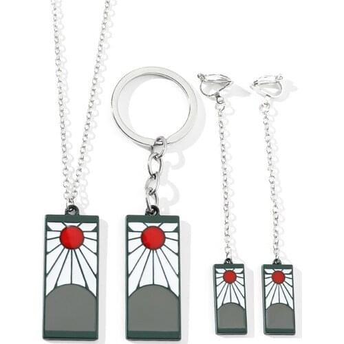 Demon Slayer Character Tanjiro Pendant Necklace Keychain Fake Piercing Ear Clip Set Women Jewelry Cosplay Prop Gift For Fans
