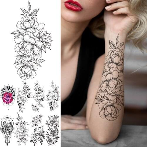 Realistic Fake Flower Temporary Tattoo Stickers For Women Lady Sexy Peony Rose Waterproof Tattoo Paste Arm Legs Thigh