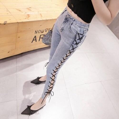 Blue Jeans Woman Pants High Waist Pantalones De Mujer Pencil Pants y2k Sexy Lace-up Cut Out Pantalon Pour Femme штаны женский