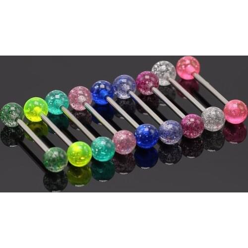 2PCS Crylic Glitter Tongue Piercing Bars Sexy Nipple Piercing Barbell Helix Tongue Ring Stainless Steel WomanS Pin Body Jewelry