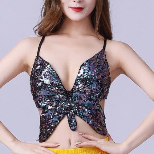 Shiny Sexy Women Halter Back Lace-up Festival Raves Crop Top Tribal Belly Dance Beaded Sequin Top Padded Bandage Butterfly Bra