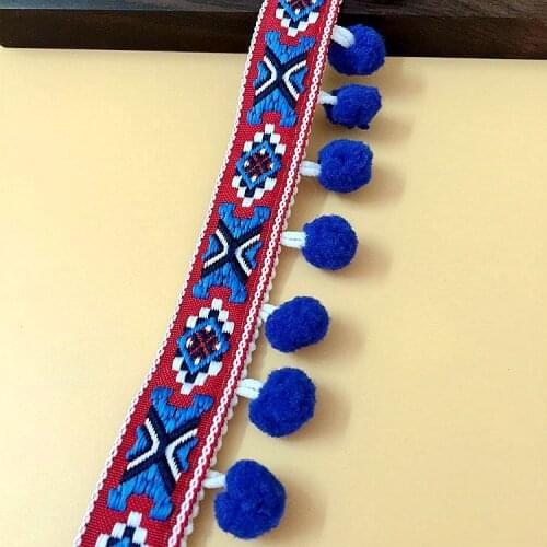 Embroidery ethnic jacquard webbing woven tape pompom fringe lace trimming dress collar ribbon 3.5cm tribal boho DIY zakka native