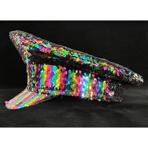 Women Military Hat Festival Hat Queen Dancer Double Sequin Captain Hat Halloween Costume Cosplay Bachelorette Party Sergeant Hat