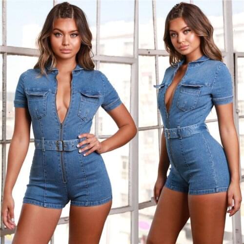 Denim Jumpsuit Women Short Sleeve Turn Down Collar Playsuits Shorts Jeans Rompers with Belt Streetwear One Piece Plus Size S-3XL