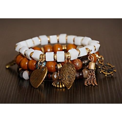 Vintage 3Pcs/Lot Women Multilayer Bracelet Bohemia Charm Stone Wood Beads Hand Shell Pendents Bracelets Pour Les Femmes