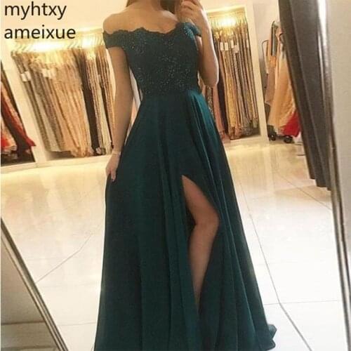 2020 Off The Shoulder Dark Green Sexy Custom Evening Dresses Event Appliques Beading Long Women Formal Party Gowns Front Split