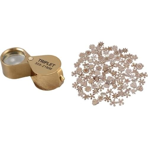 1 Pcs 30X Power 21Mm Foldable Gold Magnifying Glass & 100Pcs Wood Discs Slices Flower Shape Unfinished Cutouts Craft