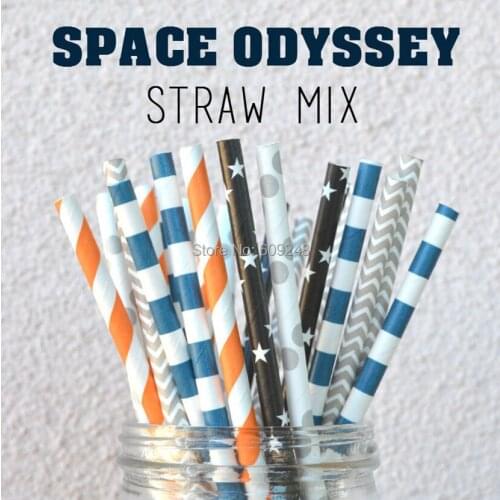 100pcs Mixed Colors Space Odyssey Paper Straws Bulk, Navy rugby stripe, orange striped, grey chevron, black stars